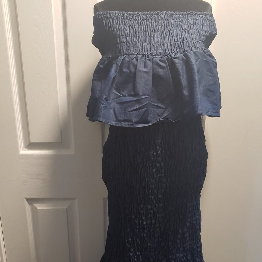 The brand is Advanced Apparels - Denim dress with mermaid tail.